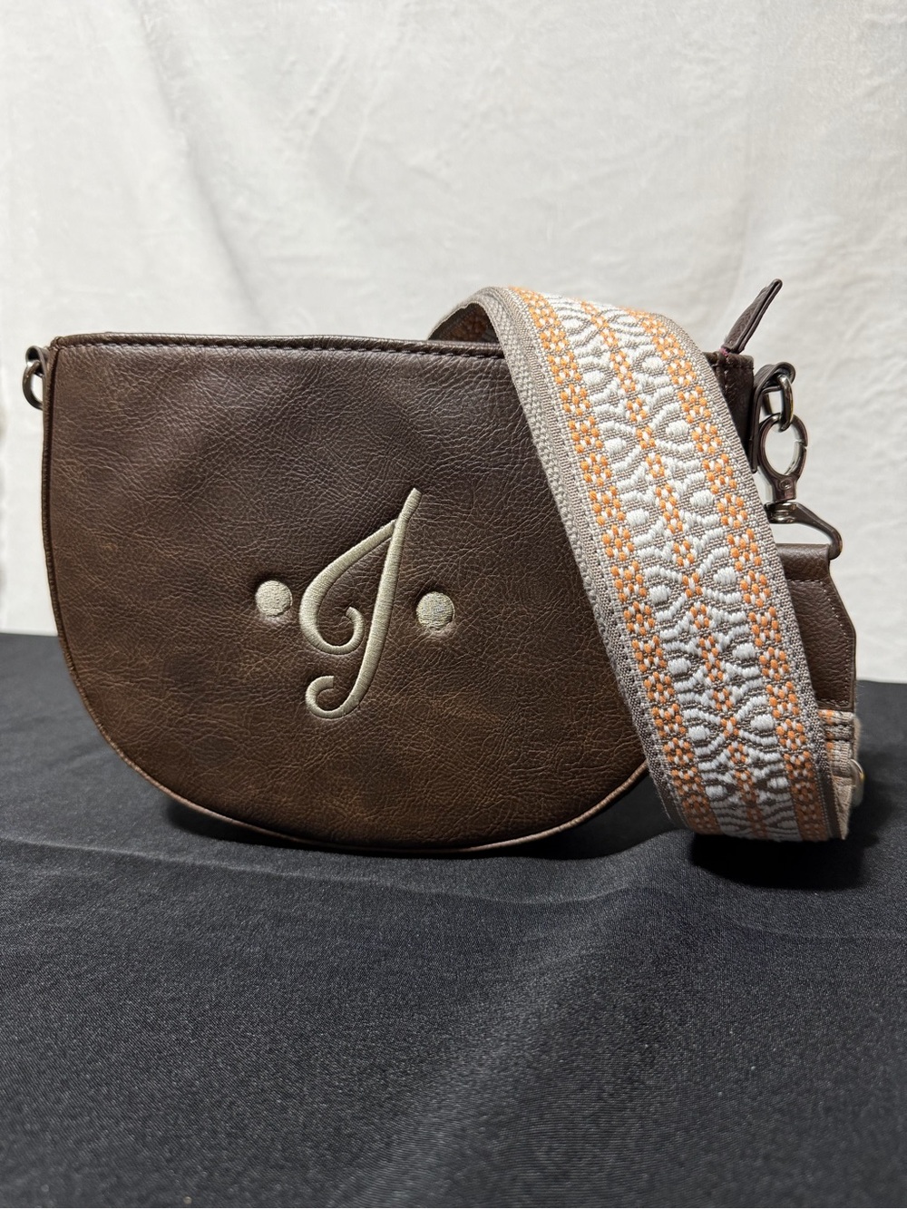 thirty-one Brown Crossbody Bag with Embroidered Monogram and Patterned Strap